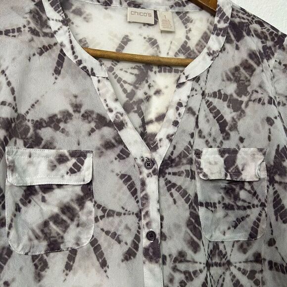 Chico’s Gray White Shibori Spot Tie-Front Sheer Shirt Mesh Women's Size 1 (M) - Picture 7 of 15